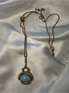 Vintage Goldette 3 Strand Necklace Robin Egg Glass Etruscan Style Fob Pendant